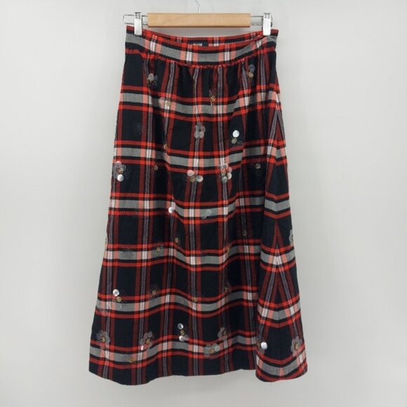 Anthropologie Maeve Embellished Plaid Skirt Black and Red Size 4 - Picture 6 of 10